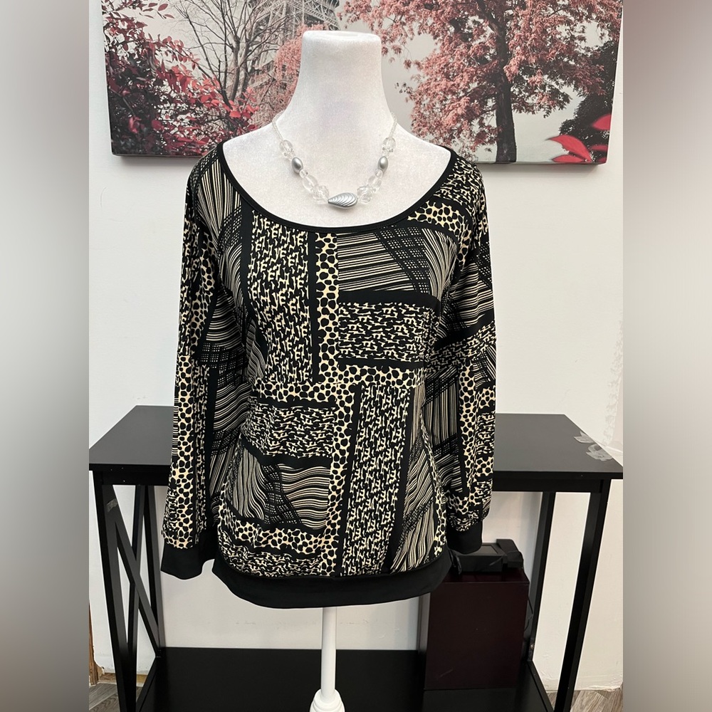 Liz & Co Women’s Top Blouse Geometric 3/4 Dolman Sleeve Size XL Scoop Neck